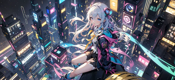 (masterpiece:1.2), best quality,realistic,Elaina,
Cyberworld,1girl, letterboxed, solo, white hair, scenery, short hair, jacket, science fiction, holding, holographic interface, city, blue jacket, gloves, city lights, long sleeves, looking up, cityscape, boots, building, night, from above