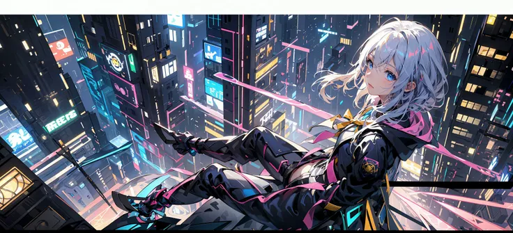 (masterpiece:1.2), best quality,realistic,Elaina,
Cyberworld,1girl, letterboxed, solo, white hair, scenery, short hair, jacket, science fiction, holding, holographic interface, city, blue jacket, gloves, city lights, long sleeves, looking up, cityscape, boots, building, night, from above