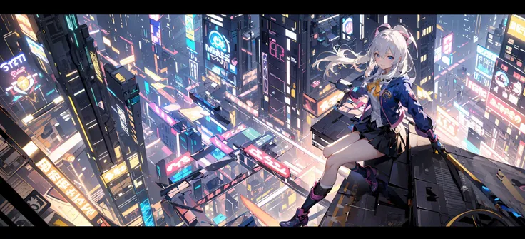 (masterpiece:1.2), best quality,realistic,Elaina,
Cyberworld,1girl, letterboxed, solo, white hair, scenery, short hair, jacket, science fiction, holding, holographic interface, city, blue jacket, gloves, city lights, long sleeves, looking up, cityscape, boots, building, night, from above