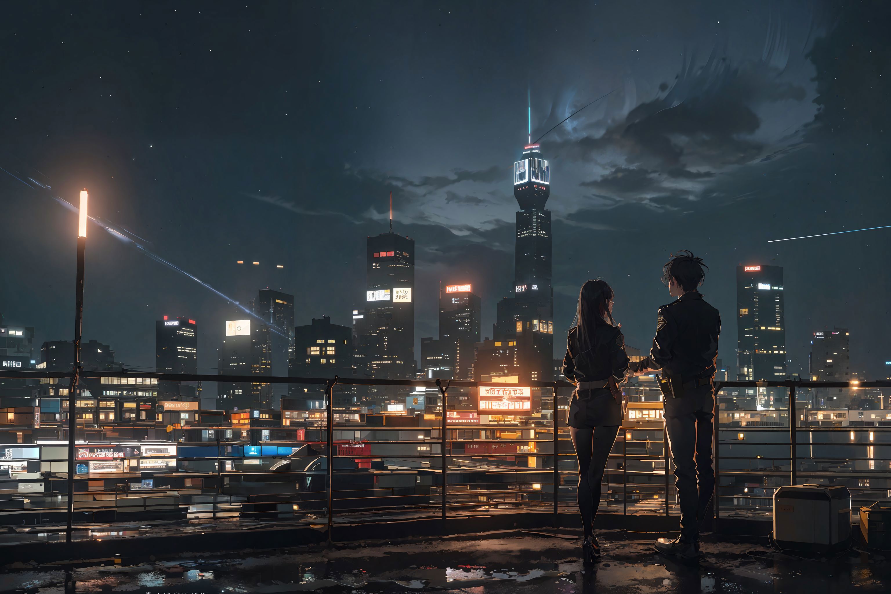 Two people standing on a roof looking at the city at night - SeaArt AI