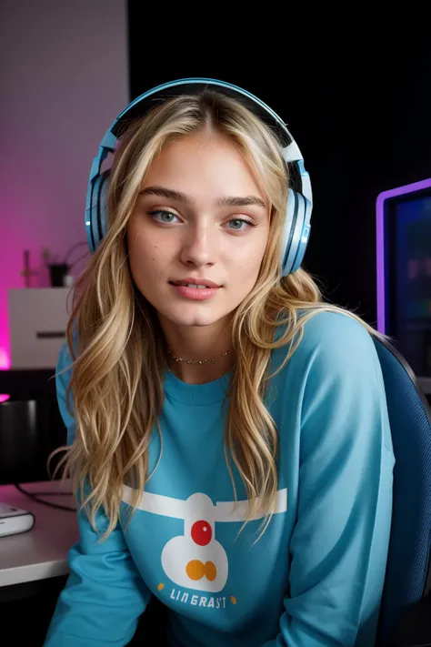 (1girl, 22 years old), <lora:ZH_ISHoneypuu_v1:1>, zh_ishoneypuu, solo, realistic, lips, looking at viewer, long hair, blonde hair, blue eyes, slight smile, sweater, headphones, gaming, sitting at desk, neon lights in background,