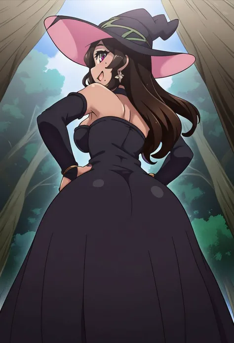 8K. Viola from anime as a witch with witch hat, choker, bridal gauntlets, dress, black dress, mole \(marking\), mole under eye. (Wide smile:1.10), (looking back:1.05). (In a dark forest:1.05), (high details:1.05), Sexy_POV (From below:1.10)
<lora:Viola | Dekoboko Majo no Oyako JijM [Pny XL]_v:1.10>