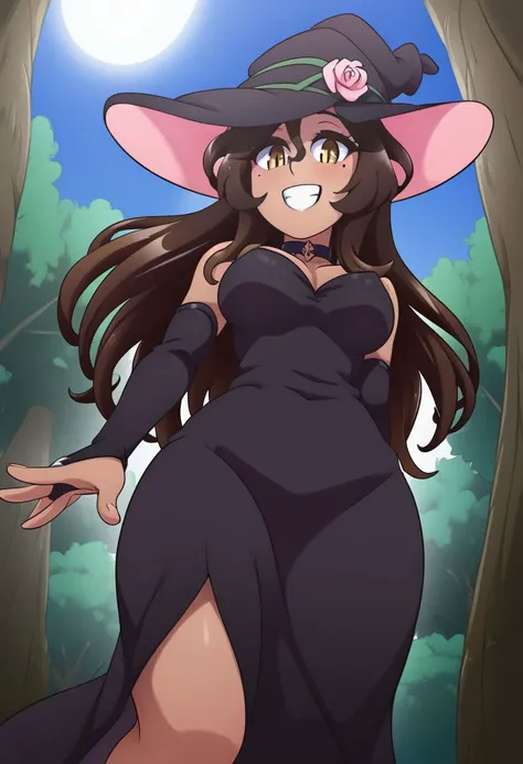 8K. Toonify_PonyDiffusionXL
 Viola from anime as a witch with witch hat, choker, bridal gauntlets, dress, black dress, mole \(marking\), mole under eye. (Wide smile:1.10), (looking back:1.05). (In a dark forest:1.05), (high details:1.05), Sexy_POV (From below:1.10)
<lora:Viola | Dekoboko Majo no Oyako JijM [Pny XL]_v:1.10> dmnojviola