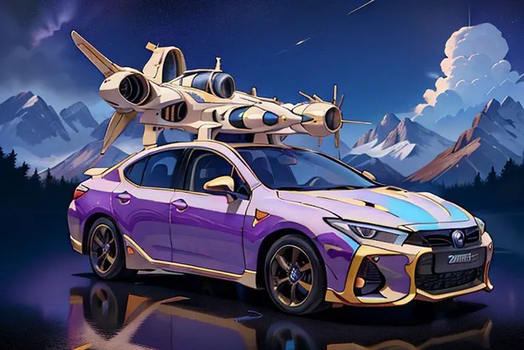 a sedan car (solar power, Star Trek style car, purple and blue, Toyota logo, parrot <green and orange> decal, masterpiece, extremely detailed).