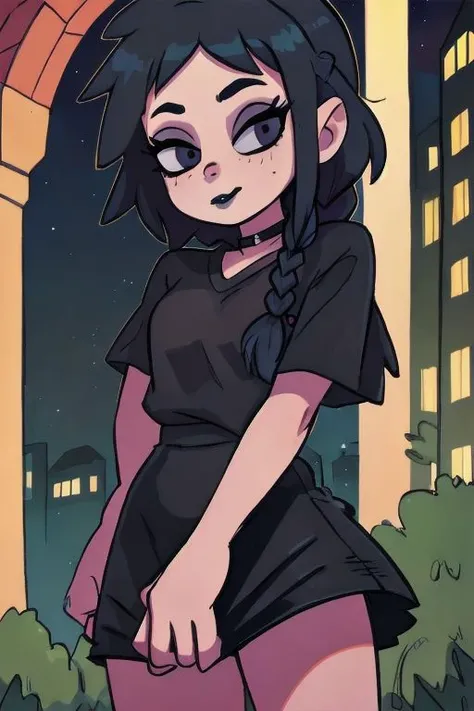 w3day_, 1 gothic girl, black lipstick, braids, black hair, shirt tug, masterpiece, best quality, highres, best illumination, depth of field, complex background, detailed background, city, nigth