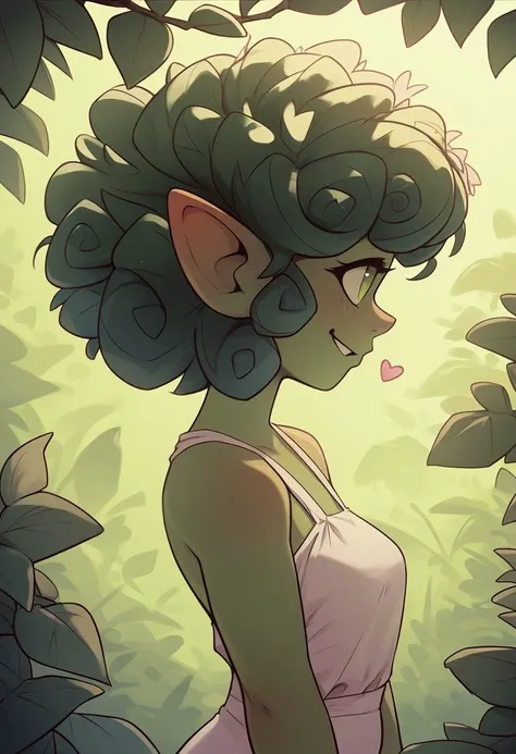 score_9, score_8_up, score_7_up, score_6_up, side view, pretty green goblin girl with short curly red hair, small tits, sexy belly, cute round face, green eyes, closeup, attractive smile, (heart shape), summer dress, perfect slim body, lush hair