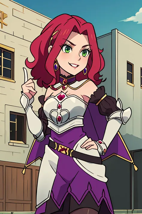 masterpiece, best quality, 1girl,  <lora:malty_melromarc_v1:0.8> malty melromarc, red hair, long hair, green eyes, hair ornament, earrings, jewelry, armor, armored dress, dress, detached sleeves, breastplate, purple skirt, belt, anime screencap, evil smile,