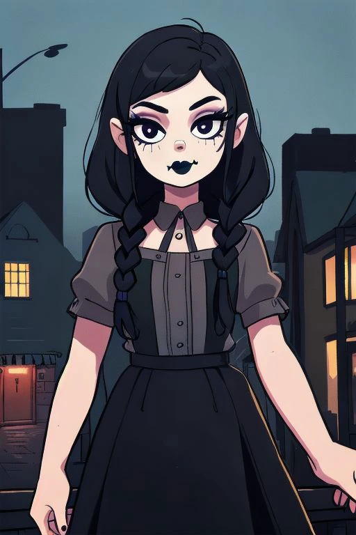 w3day_, 1 gothic girl, black lipstick, braids, black hair, masterpiece, best quality, highres, best illumination, depth of field, complex background, detailed background, city, nigth