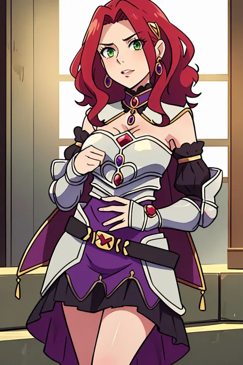 masterpiece, best quality, 1girl,  <lora:malty_melromarc_v1:0.8> malty melromarc, red hair, long hair, green eyes, hair ornament, earrings, jewelry, armor, armored dress, dress, detached sleeves, breastplate, purple skirt, belt, anime screencap,