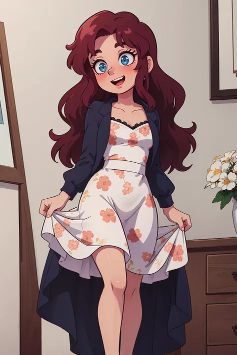 A woman in a vintage-inspired floral dress, her hair styled in loose waves, with a confident and radiant expression, feet out of frame, 
masterpiece, best quality, intricate detail,     anime screencap,