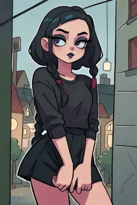 w3day_, 1 gothic girl, black lipstick, braids, black hair, shirt tug, masterpiece, best quality, highres, best illumination, depth of field, complex background, detailed background, city, nigth