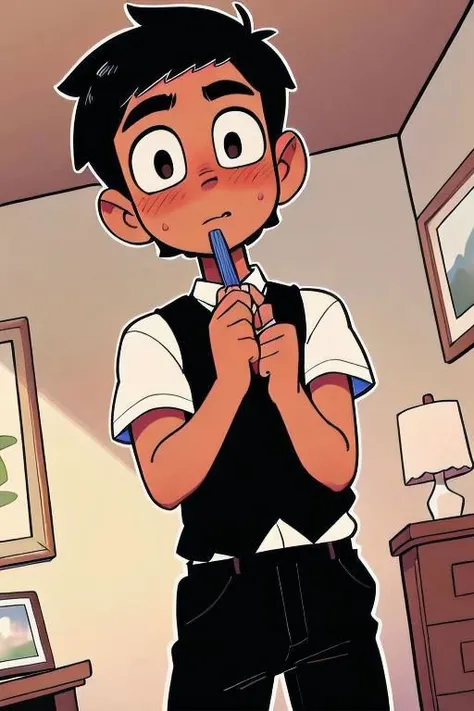 masterpiece, best quality, highres, best illumination, depth of field, detailed background, complex background, bedroom, perspective with background, 1 men, mexican, tan skin, black hair, fringe, surprised, blushing, work uniform, white shirt, black vest, botomless, penis exposed