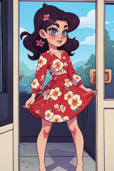A woman in a vintage-inspired floral dress, her hair styled in loose waves, with a confident and radiant expression, feet out of frame,
masterpiece, best quality, intricate detail, anime screencap, <lora:KajinKuji:1>