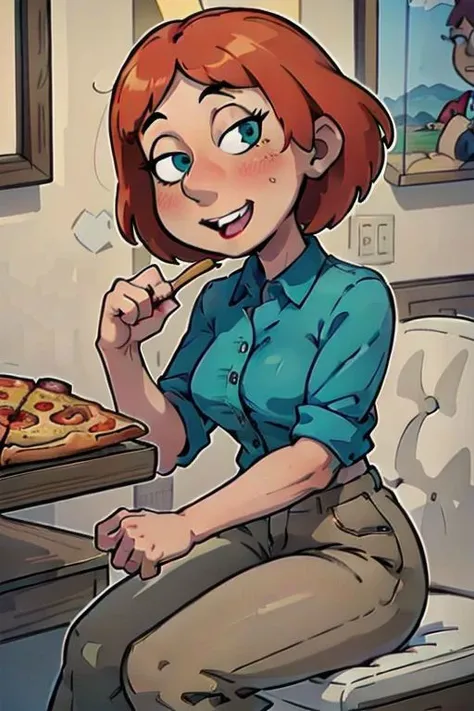 ((masterpiece)), ((best quality)), ((high resolution)), ((4k)),
(1girl, loisgriff, happy, teeth, aqua shirt, brown pants), sitting, table, pizza, wine