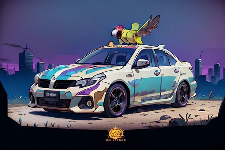 a sedan car (solar power, post apocalypes age style car, purple and blue, Toyota logo, parrot <green and orange> decal, masterpiece, extremely detailed).