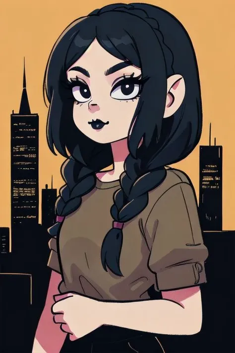 w3day_, 1 gothic girl, black lipstick, braids, black hair, shirt tug, masterpiece, best quality, highres, best illumination, depth of field, complex background, detailed background, city, nigth