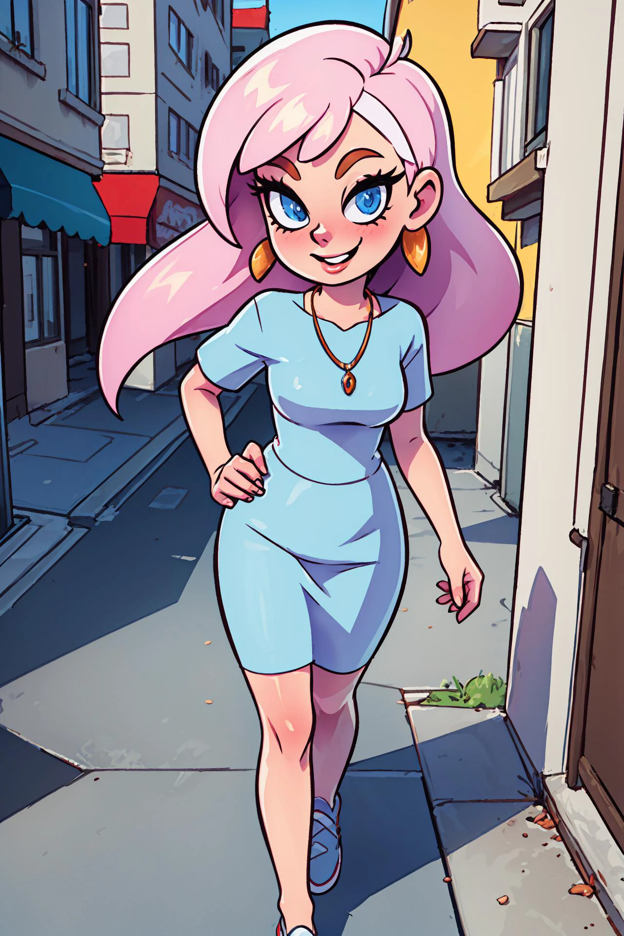 portrait of a pretty woman walking through the city, necklace, ((toon \(style\))), flat color, light smile,
masterpiece, best quality, HDR, intricate detail,
<lora:KajinKuji-000006:0.8>