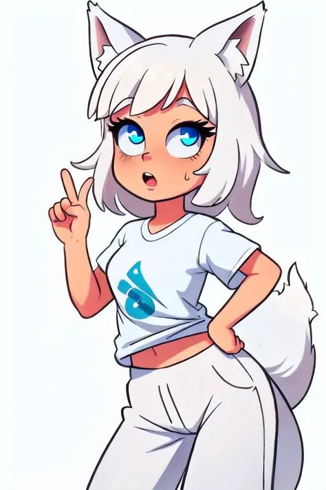 beautiful, masterpiece, best quality, perfect lighting, 1 girl, solo, Raises his hands to the top showing 2 fingers, white hair, white fox ears, white tail, white clothes, white sweatpants, white T-shirt, blue eyes, white background, looking at the viewer,