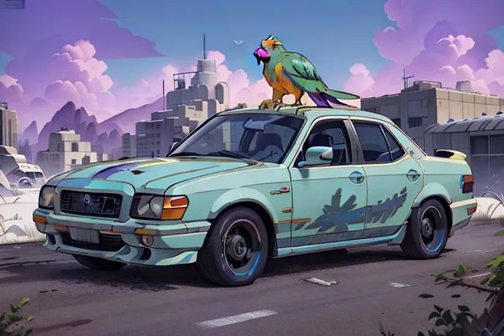 a sedan car (solar power, post apocalypes age style car, purple and blue, Toyota logo, parrot <green and orange> decal, masterpiece, extremely detailed).