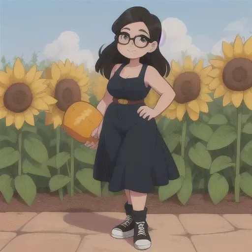 woman, hispanic, curvy, slim waist, garden, long black hair, glasses, yellow sun dress, low cut, brown eyes, black converse, high quality, soft smile, mid 20s, thick, modest, super high quality