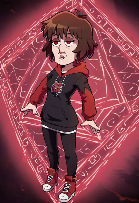 girl, chara, red eyes , dark brown short hair, pentagram red pin in hair, ((masterpiece)), ((high quality)),best quality, (extremely detailed CG:1.2), Highres, 4K, 8K,big black hoodies, red pentagram on hoodie,black tights, hell, heel, handsomize