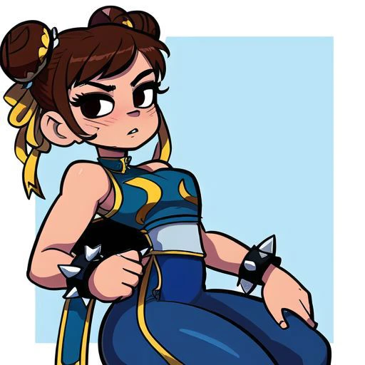 masterpiece, best quality, perfect face, perfect brown eyes with white sclera, <lora:Chun-Li_v2.0:1> bad-hands-5, solo, 1girl, cute, brown hair, double bun, yellow ribbon, muscular female, unitard, blue vest, blue pants, bare shoulders, covered abs, rating:safe