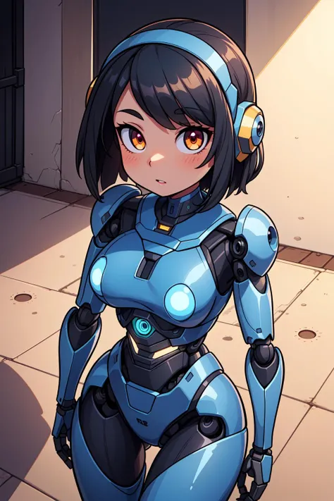 masterpiece, best quality, ultra realistic, hyper-detailed, 8k resolution, RAW photo, sharp focus, (1girl), solo, gorgeous face, slim body, Firm chest,  female, 15yortrait, mecha, dark grey armor, nanosuit, sexy, short hair, cinematic, butt, Buttocks, cinematic light, dark theme