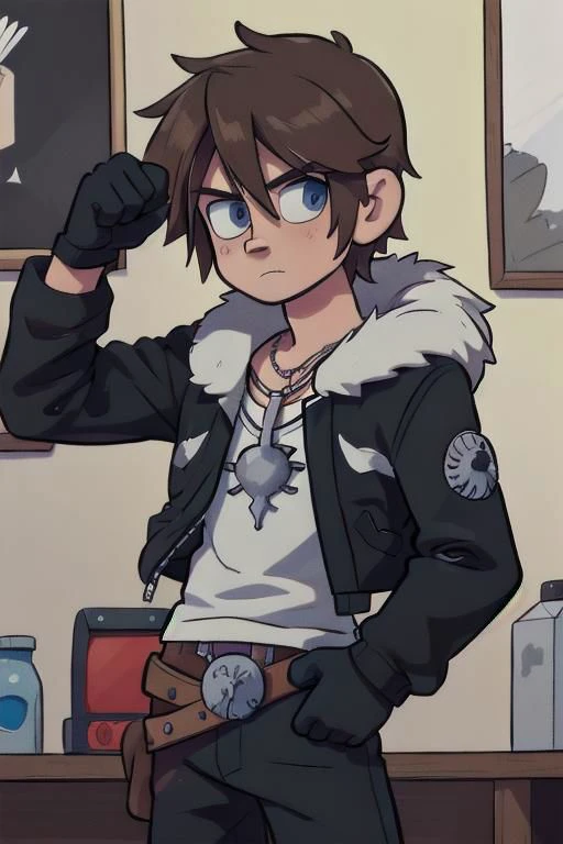 scottpilgrimvstheworld, 
squall, 1boy, solo, cowboy shot, scar, necklace, black jacket, fur trim, white t-shirt, black pants, black gloves, emoji,, (masterpiece, best quality:1.3),