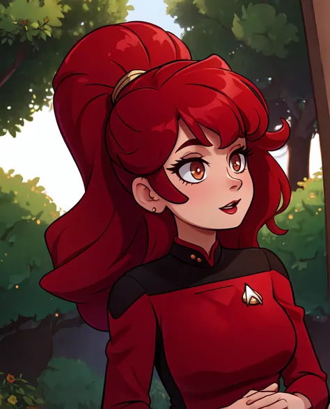 (mature woman:1.4), solo, Long curly hair, detailed eyes, open neckline, ((masterpiece)), (high quality), (best quality), (detailed), hd, perfect lighting, detailed face, detailed body
BREAK
red hair
BREAK
garden, sunshine,
(wearing s3stngunf red uniform:1.4 ),black ponytails
<lora:STNGV3new:0.8>