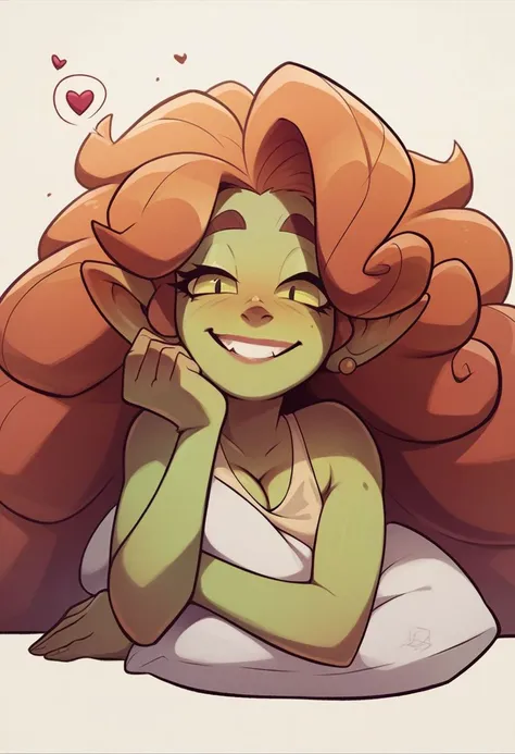 score_9, score_8_up, score_7_up, score_6_up, pretty green goblin woman with long curly red hair, horny pose, horny face, green eyes, closeup, attractive smile, heart shape, short summer transparent dress, perfect body, small tits, airy hair, extremely long hair, very long hair, hair pillow