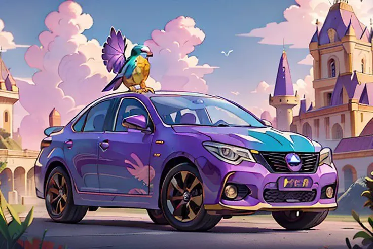a sedan car (solar power, Renaissance age style car, purple and blue, Toyota logo, parrot <green and orange> decal, masterpiece, extremely detailed).