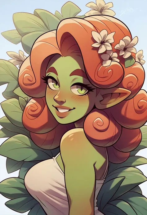 score_9, score_8_up, score_7_up, score_6_up, side view, pretty green goblin woman with long curly red hair flirting and bites her lips, sexy pose, horny face, green eyes, closeup, attractive smile, (((heart shape))), barely transparent summer dress, perfect body, lush hair