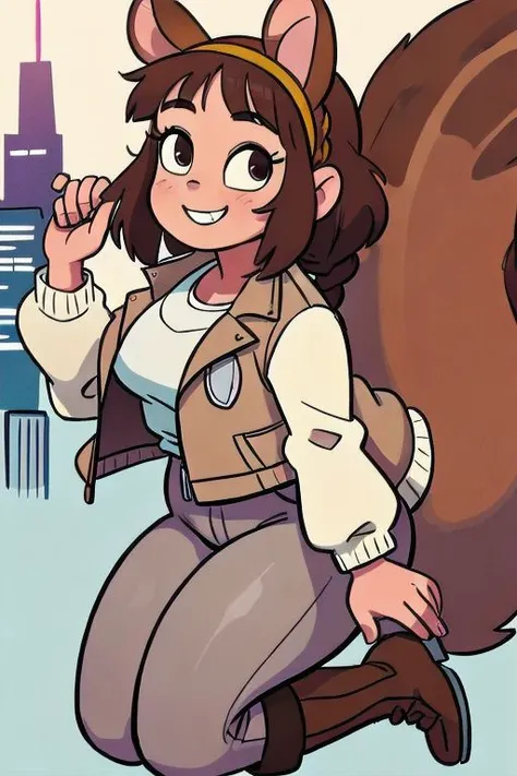 1 chubby girl, gentle smile, buckteeth, fluffy squirrel tail, brunette, fringe, braid, hair headband whit squirrel ears, grey leggins, white blouse, brown jacket, black boots, masterpiece, best quality, highres, best illumination, depth of field, complex background, detailed background, city