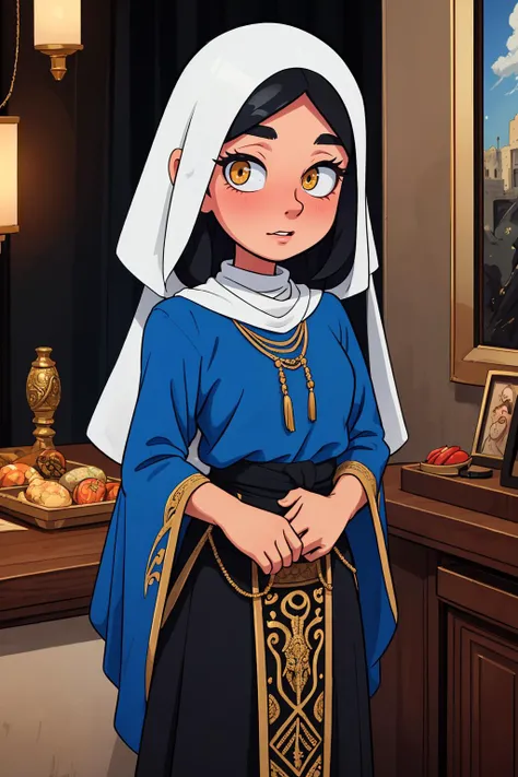 a portrait of a Middle Eastern woman, proud and empowered in her cultural identity, very long skirt,
best quality, masterpiece, intricate detail, high environment detail, toon \(style\),