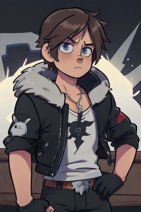 scottpilgrimvstheworld,
squall, 1boy, solo, cowboy shot, scar, necklace, black jacket, fur trim, white t-shirt, black pants, black gloves, emoji,, (masterpiece, best quality:1.3),
