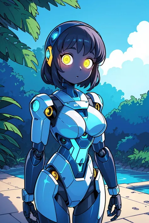 (proportionate background, outside, oasis, highly detailed), (perfect lighting, perfect shadows), (1girl, adult, perfect anatomy, glowing robot eyes, (robotic woman, mechanical)), looking at viewer, <lora:add_detail:0.30>,