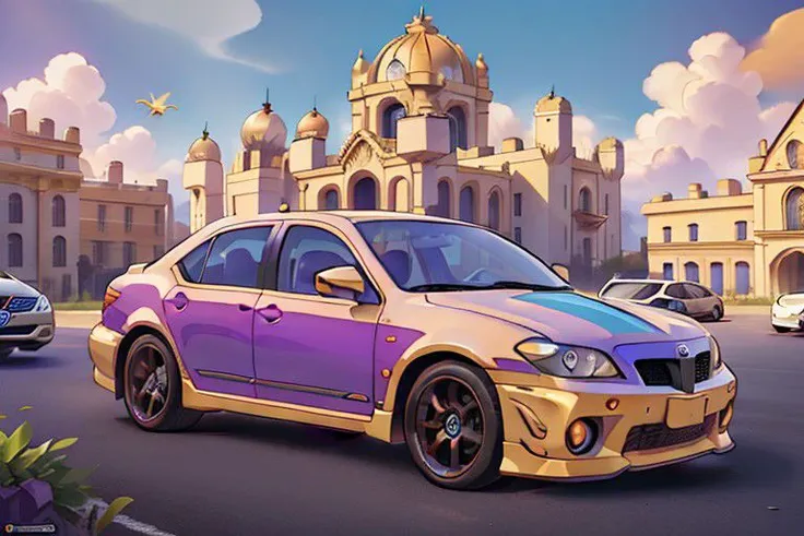 a sedan car (solar power, Renaissance age style car, purple and blue, Toyota logo, parrot <green and orange> decal, masterpiece, extremely detailed).