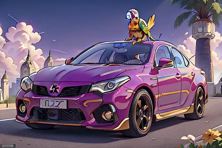 a sedan car (solar power, Renaissance age style car, purple and blue, Toyota logo, parrot <green and orange> decal, masterpiece, extremely detailed).