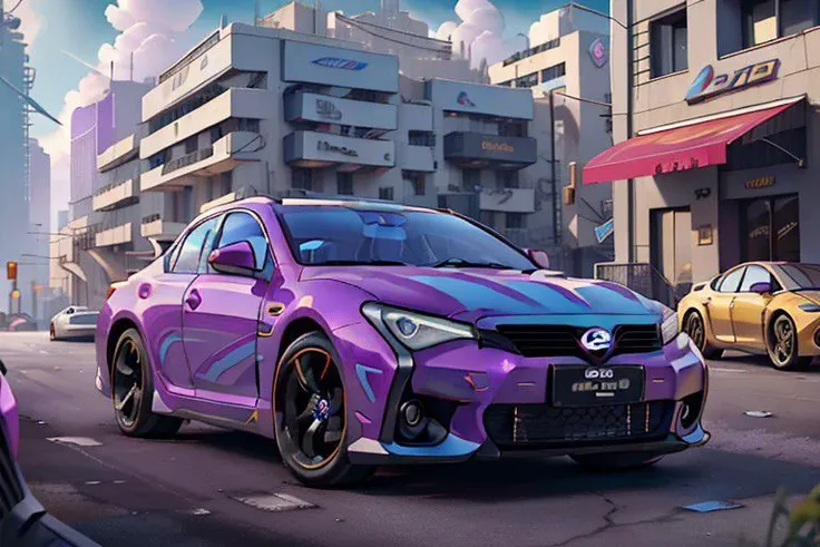 a sedan car (solar power, cyberpunk age style car, purple and blue, Toyota logo, parrot <green and orange> decal, masterpiece, extremely detailed).