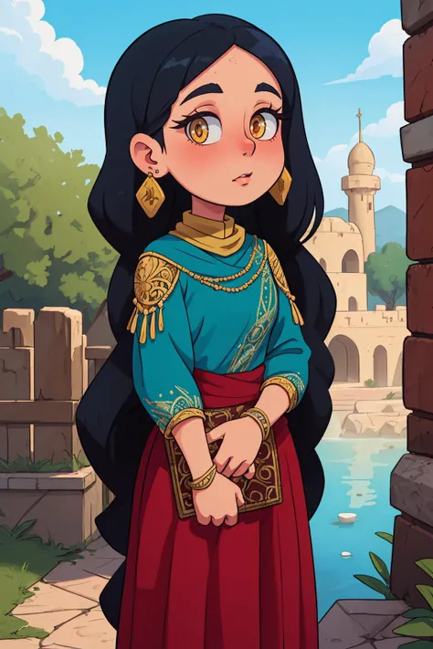 a portrait of a Middle Eastern woman, proud and empowered in her cultural identity, very long skirt, outdoors, 
best quality, masterpiece, intricate detail, high environment detail,  toon \(style\),