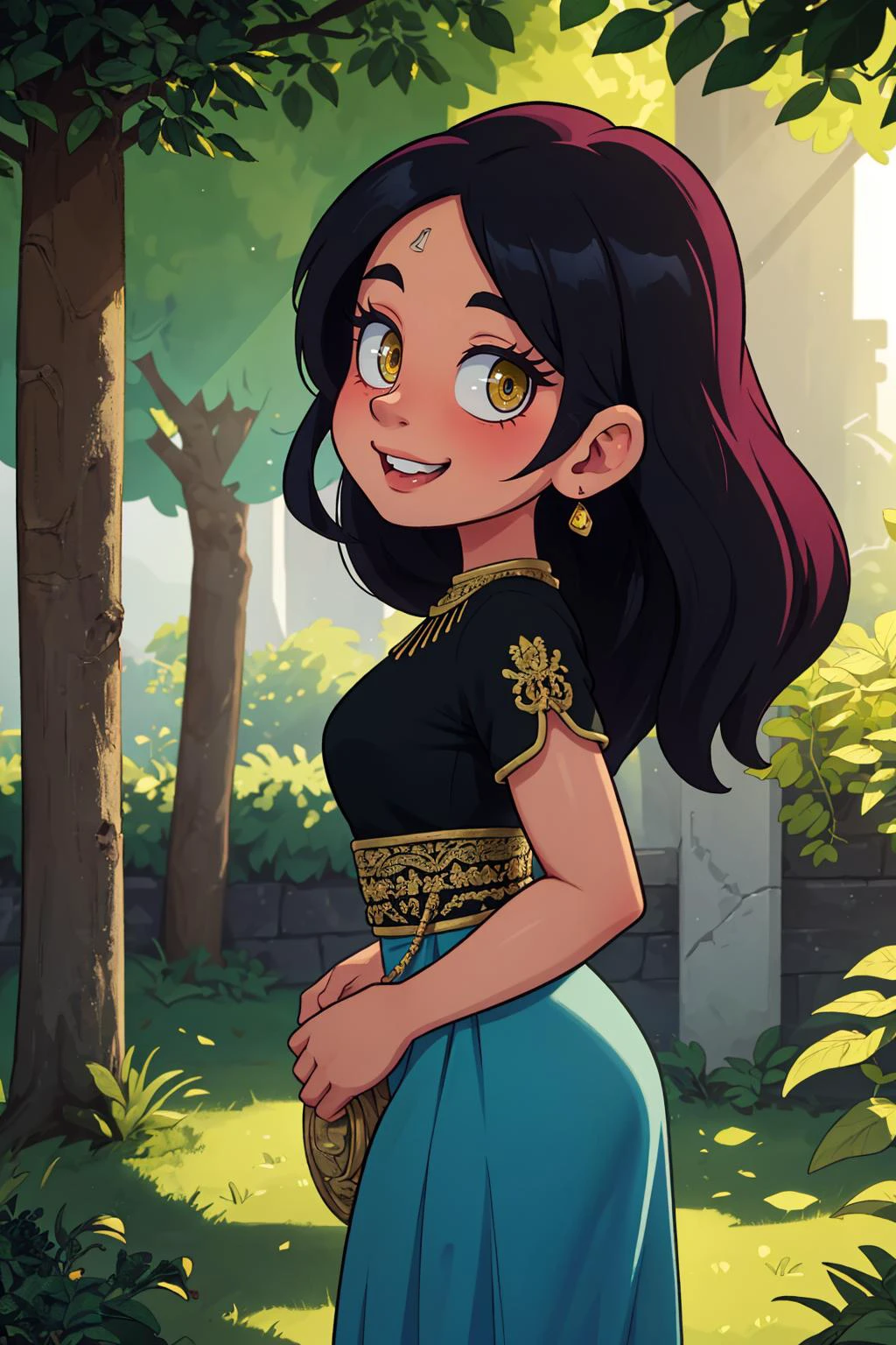 a portrait of a Middle Eastern woman, proud and empowered in her cultural identity, very long skirt, outdoors, from side, looking to the side, smile, dappled sunlight,
best quality, masterpiece, intricate detail, high environment detail, toon \(style\),
