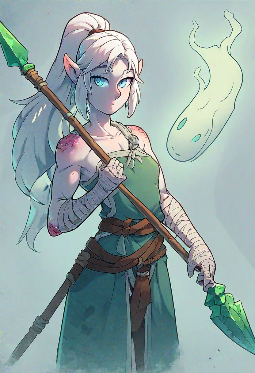 Score_9, Score_8_up, Score_7_up, Score_6_up, Score_5_up, Score_4_up, source_cartoon,
1girl,pointy ears,pale_skin,colored skin,teal_skin,scales,blue eyes,ponytail,sideburn,long hair,white hair,muscular,toned body,flat_chest,green glow,
bandages,tunic,ghosts,souls,(spear:1.2),chestplate,