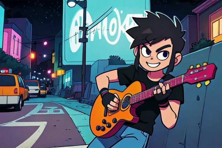 1 men, full body, bold smile, rocker, heavy metal style, holding guitar, looking at viewer, mexican, black hair, sidecut, fingerless gloves, black shirt, jeans, boots, ((crushing a signal road with his guitar)) dynamic pose, masterpiece, best quality, highres, best illumination, depth of field, complex background, detailed background, city, night, neon lights, graffitis in walls