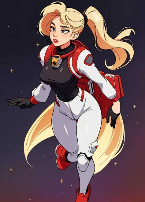 (masterpiece, best quality), intricate details, mature,
full body, blonde woman, smart woman, high ponytail, red lips, spacesuit, busty, jetpack, Action Pose, black void galaxy background