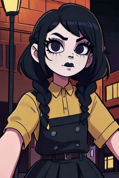 w3day_, 1 gothic girl, black lipstick, braids, black hair, shirt tug, masterpiece, best quality, highres, best illumination, depth of field, complex background, detailed background, city, nigth