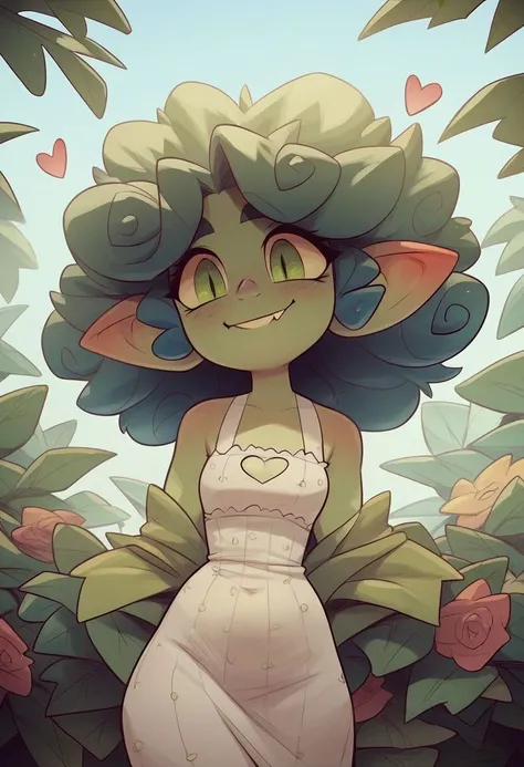 score_9, score_8_up, score_7_up, score_6_up, pretty green shy goblin girl with short curly red hair, small tits, sexy belly, cute round face, green eyes, closeup, attractive smile, (heart shape), summer dress, perfect slim body, lush hair
