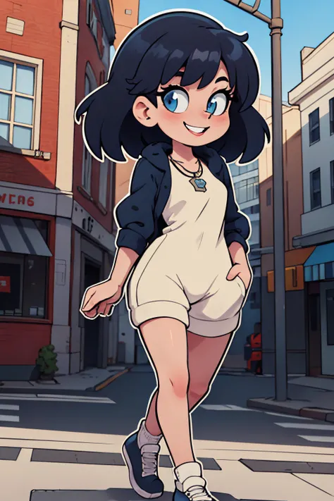 portrait of a pretty woman walking through the city, necklace, ((toon \(style\))), flat color, ((outline)), light smile, 
masterpiece, best quality, HDR, intricate detail,