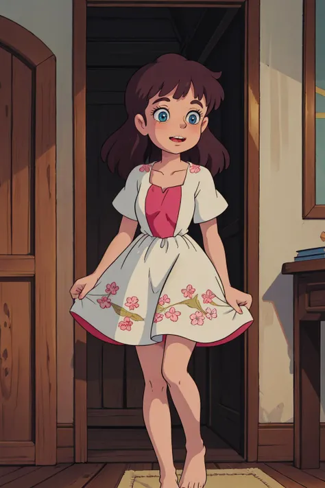 A woman in a vintage-inspired floral dress, her hair styled in loose waves, with a confident and radiant expression, feet out of frame,
masterpiece, best quality, intricate detail, <lora:ghibli_style_offset:1> ghibli style, anime screencap,