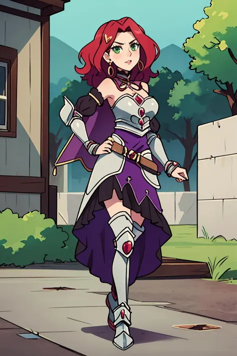 masterpiece, best quality, 1girl,  <lora:malty_melromarc_v1:0.8> malty melromarc, red hair, long hair, green eyes, hair ornament, earrings, jewelry, armor, armored dress, dress, detached sleeves, breastplate, purple skirt, belt, anime screencap,