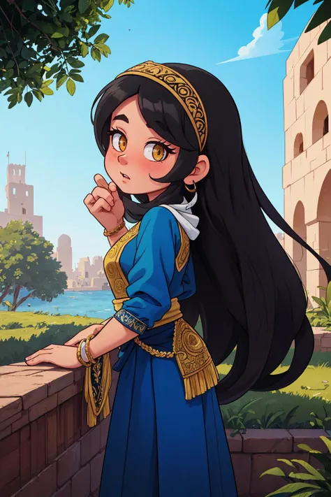 a portrait of a Middle Eastern woman, proud and empowered in her cultural identity, very long skirt, outdoors, from side, looking to the side, smile,
best quality, masterpiece, intricate detail, high environment detail, toon \(style\),